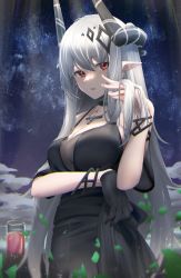 Rule 34 | 1girl, absurdres, arknights, black collar, black dress, black gloves, black wristband, blue sky, breasts, cleavage, collar, demon horns, dress, drink, gloves, grey hair, hair between eyes, hair ornament, hand in own hair, heimu (heim kstr), highres, horns, infection monitor (arknights), jewelry, large breasts, looking at viewer, mudrock (arknights), mudrock (obsidian) (arknights), necklace, official alternate costume, parted lips, pointy ears, red eyes, single glove, sky, solo, spaghetti strap, star (sky), starry sky, upper body