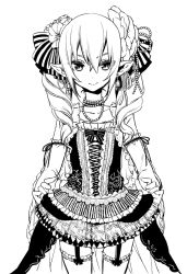 Rule 34 | 1boy, bare shoulders, bow, crossdressing, dress, drill hair, earrings, elbow gloves, flower, formal, gloves, hair bow, hair flower, hair ornament, jewelry, male focus, monochrome, necklace, original, pointy ears, simple background, smile, solo, suemitsu dicca, thighhighs, trap, twintails, white background, white thighhighs