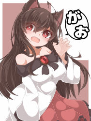 Rule 34 | 1girl, animal ears, ao (aoblueao), border, breasts, bright pupils, brooch, brown background, brown hair, dress, hair between eyes, highres, imaizumi kagerou, jewelry, long hair, long sleeves, looking at viewer, medium breasts, multicolored clothes, multicolored dress, off-shoulder dress, off shoulder, open mouth, red dress, red eyes, simple background, solo, speech bubble, touhou, translation request, two-tone dress, white border, white dress, white pupils, wide sleeves, wolf ears