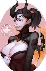 Rule 34 | 1girl, absurdres, black hair, bodysuit, breasts squeezed together, breasts, brown eyes, cleavage, cleavage cutout, cleavage reach, clothing cutout, commentary request, dark persona, demon horns, devil mercy, earrings, emblem, facial mark, forehead mark, glowing, glowing wings, highres, horns, jewelry, large breasts, lips, looking away, mechanical wings, mercy (overwatch), nose, official alternate costume, orange wings, overwatch, overwatch 1, pale skin, parted lips, patch, pink background, ponytail, ri (1071362165), seductive smile, simple background, smile, solo, stud earrings, upper body, white background, wings