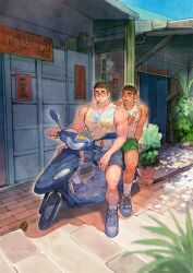 Rule 34 | 2boys, absurdres, alternate costume, arm hair, bara, black hair, blush, couple, cover, cover page, covered erect nipples, dark-skinned male, dark skin, denim, denim shorts, door, earrings, facial hair, full body, glasses, goatee, green shorts, hairy, highres, holding food, holding ice cream, ice cream, jewelry, large pectorals, leg hair, lgbt pride, lim kim-liong (shan), long sideburns, looking at another, male focus, mature male, multiple boys, muscular, muscular male, on motorcycle, original, outdoors, pectorals, shan (shanshankuo), shirt, shoes, short hair, shorts, sideburns, sidepec, sleeveless, sleeveless shirt, sneakers, summer, sunlight, tan tsi-ho (shan), tank top, thick eyebrows, thighs, tile floor, tiles, white tank top, yaoi