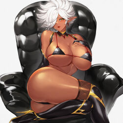 Rule 34 | 1girl, armchair, ass, bikini, black bikini, black footwear, black gloves, boots, breasts, bridal gauntlets, brown thighhighs, cameltoe, chair, cleavage, dark-skinned female, dark elf, dark skin, detached collar, earrings, elbow gloves, elf, fishnet thighhighs, fishnets, gloves, gurimjang, hair over one eye, hand on own chest, high heel boots, high heels, highres, huge breasts, jewelry, lips, looking at viewer, micro bikini, original, pointy ears, puckered lips, resolution mismatch, short hair, sitting, skindentation, solo, source smaller, spiked hair, string bikini, swimsuit, thick thighs, thigh boots, thighhighs, thighhighs under boots, thighs, twisted torso, underboob, white background, white hair, yellow eyes