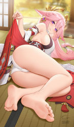 Rule 34 | 1girl, artist name, ass, barefoot, blouse, blurry, blurry background, breasts, cherry blossom print, clothes lift, detached sleeves, feet, floppy ears, floral print, foot focus, fukuro daizi, full body, genshin impact, hair ornament, highres, japanese clothes, kimono, large breasts, lifting own clothes, long hair, looking at viewer, low-tied long hair, lying, miko, nail polish, obi, on floor, on side, panties, parted lips, pink hair, pink nails, purple eyes, sash, shirt, shouji, signature, sliding doors, smile, soles, solo, tassel, tatami, thighs, toenails, toes, underwear, vision (genshin impact), white kimono, white panties, white shirt, yae miko