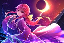 Rule 34 | 1girl, arm up, blush, bow, closed mouth, coat, commentary request, eclipse, eyelashes, floral print, full body, hair between eyes, hair bow, japanese clothes, kimono, kotohime (touhou), lens flare, light particles, long hair, long sleeves, looking at viewer, looking to the side, low-tied long hair, obi, open clothes, open coat, purple coat, purple kimono, red eyes, red hair, reflection, sash, sea scorpion (umisasori), sidelocks, signature, sleeves past fingers, sleeves past wrists, smile, solar eclipse, solo, space, sparkle, standing, sun, swept bangs, touhou, touhou (pc-98), wide sleeves, yellow bow