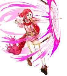 1girl armor boots bow_(weapon) brown_footwear fire_emblem fire_emblem:_mystery_of_the_emblem fire_emblem_heroes full_body green_eyes hair_ornament highres holding holding_bow_(weapon) holding_weapon kaya8 long_hair long_sleeves nintendo non-web_source norne_(fire_emblem) official_art quiver red_hair shoulder_armor solo thighhighs transparent_background weapon white_thighhighs zettai_ryouiki