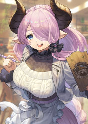 Rule 34 | 1girl, apron, aran sweater, blue eyes, braid, breasts, cable knit, cleavage, crown braid, draph, granblue fantasy, hair over one eye, heart, heart-shaped pupils, highres, horns, jacket, large breasts, long hair, looking at viewer, nail polish, narmaya (granblue fantasy), open mouth, pink hair, pointy ears, purple hair, single sidelock, smile, solo, sweater, symbol-shaped pupils, very long hair, waist apron, yuiko (yuiyuiko 108)