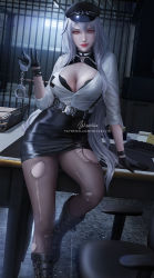 Rule 34 | 1girl, armchair, artist name, azur lane, belt, black bra, black footwear, black gloves, black skirt, boots, bra, breasts, chair, choker, cleavage, cleavage cutout, clothing cutout, commentary, cuffs, gangut (azur lane), gangut (imposing warden) (azur lane), gloves, hair between eyes, hair ornament, hairclip, handcuffs, hat, holding, holding handcuffs, indoors, keyboard (computer), long hair, looking at viewer, medium breasts, official alternate costume, pantyhose, patreon username, pencil skirt, police hat, prison, prison cell, red eyes, shirt, silver hair, skirt, sleeves rolled up, solo, torn clothes, torn pantyhose, underwear, white shirt, wickellia