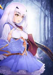 Rule 34 | 1girl, absurdres, blue cape, blue dress, breasts, brown eyes, cape, dress, melusine (fate), melusine (second ascension) (fate), fate/grand order, fate (series), forest, forked eyebrows, frills, highres, kazuma muramasa, long hair, long sleeves, nature, parted lips, sidelocks, small breasts, solo, weapon, white hair