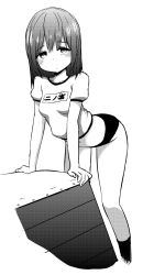 Rule 34 | 1girl, greyscale, gym uniform, highres, looking at viewer, midriff, monochrome, simple background, solo, white background, zaxwu