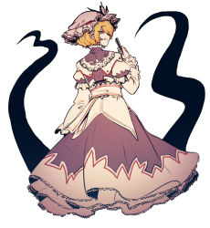 Rule 34 | 1girl, adapted costume, blonde hair, dress, frilled dress, frilled hat, frills, from behind, full body, gap (touhou), hat, highres, layered sleeves, long sleeves, looking at viewer, looking back, mob cap, nyong nyong, parted lips, puffy short sleeves, puffy sleeves, ribbon, short hair, short over long sleeves, short sleeves, smile, solo, touhou, yakumo yukari, yellow eyes