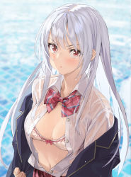 Rule 34 | 1girl, :t, blazer, blurry, blurry background, blush, bra, breasts, cleavage, depth of field, jacket, long hair, looking at viewer, medium breasts, navel, off shoulder, open clothes, open shirt, original, outdoors, pink eyes, pool, school uniform, see-through, shirt, sidelocks, silver hair, solo, underwear, wet, wet clothes, wet hair, wet shirt, white bra, yahako