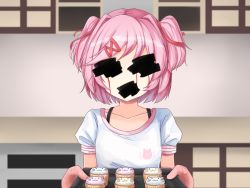 Rule 34 | 1girl, blood, blush, collarbone, crying, doki doki literature club, facing viewer, food, gauntlets, glitch, hair ornament, highres, holding, muffin, natsuki (doki doki literature club), open mouth, pink hair, shirt, short hair, simple background, smile, spoilers, tears, white shirt, yu cha