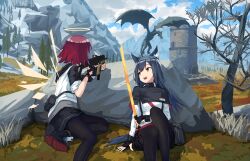 Rule 34 | 2girls, aiming, animal ear fluff, animal ears, arknights, arm support, bag, black capelet, black pantyhose, black skirt, capelet, cloud, cloudy sky, detached wings, dragon, exusiai (arknights), feet out of frame, fingerless gloves, gloves, grey hair, gun, halo, highres, hood, hoodie, kriss vector, long hair, multiple girls, outdoors, pantyhose, red hair, rock, round teeth, shoes, short hair, sitting, skirt, sky, sleeves rolled up, sneakers, submachine gun, tail, teeth, texas (arknights), the elder scrolls, the elder scrolls v: skyrim, tower, tree, trigger discipline, weapon, wings, wolf ears, wolf tail, wuschelminityp, yellow eyes