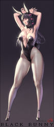 Rule 34 | 1girl, animal ears, armpits, arms up, bare shoulders, black background, black hair, bow, breasts, detached collar, fake animal ears, female focus, fishnet pantyhose, fishnets, full body, gradient background, hair bow, heart, heart tattoo, high heels, highres, hyulla, large breasts, legs, leotard, lipstick, long hair, long legs, looking away, makeup, orange eyes, original, pantyhose, parted lips, playboy bunny, rabbit ears, rabbit tail, simple background, solo, standing, tail, tattoo, thick thighs, thighs, white background, yellow eyes