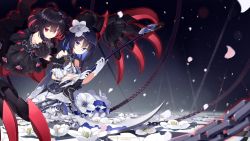 Rule 34 | 2girls, absurdres, bare shoulders, black dress, black gloves, blue eyes, blue hair, chain, claws, closed mouth, disembodied hand, dress, dual persona, flower, gloves, hair flower, hair ornament, highres, holding, holding weapon, honkai (series), honkai impact 3rd, looking at viewer, makadamixa, multiple girls, petals, red eyes, red hair, scythe, seele (alter ego), seele vollerei, seele vollerei (stygian nymph), short hair, short sleeves, weapon, white dress, white flower, white gloves