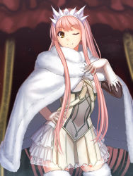 Rule 34 | 1girl, blurry, blurry background, cloak, closed mouth, commentary request, contrapposto, detached sleeves, dress, fate/grand order, fate (series), fur-trimmed cloak, fur-trimmed legwear, fur collar, fur trim, gloves, hand on own chest, hand on own hip, hand up, highres, kotera ryou, long hair, looking at viewer, medb (fate), medb (first ascension) (fate), one eye closed, pink hair, short dress, sidelocks, smile, solo, standing, thighhighs, tiara, very long hair, white cloak, white dress, white gloves, white thighhighs, yellow eyes