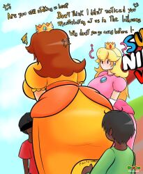 Rule 34 | 2boys, 2girls, ?, age difference, angry, ass, bar censor, blonde hair, breasts, brown eyes, censored, clothes, covered eyes, crown, dark-skinned male, dark skin, english text, highres, horndog, huge ass, huge breasts, interracial, long hair, mario (series), medium hair, multiple boys, multiple girls, nintendo, princess, princess daisy, princess peach, robe, short hair, size difference