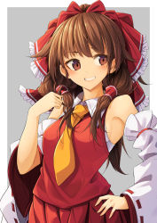 Rule 34 | .sin, 1girl, absurdres, armpits, bare shoulders, bow, breasts, brown eyes, brown hair, collar, collared shirt, commentary, cowboy shot, detached sleeves, frilled bow, frills, grey background, grin, hair bow, hair tubes, hakurei reimu, hand on own hip, highres, long hair, looking to the side, medium breasts, necktie, playing with own hair, pleated skirt, red shirt, red skirt, shirt, simple background, skirt, sleeveless, sleeveless shirt, smile, solo, touhou, white collar, yellow necktie