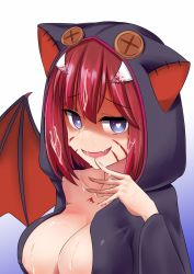 Rule 34 | 1girl, animal hood, areola slip, bad id, bad pixiv id, bat wings, blood, blue eyes, blush, breasts, character request, collarbone, copyright request, covered erect nipples, cum, cum on body, cum on breasts, cum on hair, cum on upper body, facepaint, facial, fang, finger to mouth, heart, heart-shaped pupils, highres, hood, hoodie, large breasts, looking at viewer, naked hoodie, natu sksp, nose blush, open clothes, open hoodie, open mouth, red hair, shaded face, short hair, slit pupils, smile, solo, symbol-shaped pupils, upper body, virtual youtuber, wings