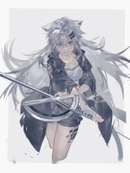 Rule 34 | 1girl, absurdres, animal ears, arknights, bandeau, black coat, breasts, coat, commentary request, cropped legs, grey eyes, grey hair, grin, hair ornament, hairclip, highres, holding, holding sword, holding weapon, jianxingyanghuawu65409, lappland (arknights), long hair, looking at viewer, material growth, medium breasts, open clothes, open coat, oripathy lesion (arknights), smile, solo, standing, strapless, sword, thighs, tube top, very long hair, weapon, wolf ears