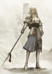 1girl armor braid building closed_mouth commentary_request commission elden_ring eyelashes full_body gauntlets glasses graffitigw greaves highres holding holding_polearm holding_weapon long_hair polearm short_eyebrows skeb_commission solo spear standing tarnished_(elden_ring) thick_eyebrows twin_braids weapon white_hair