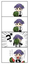 Rule 34 | 10s, 1girl, 4koma, arm warmers, bad id, bad pixiv id, blush, comic, food, fruit, green ribbon, hair ribbon, ishihara saika, kantai collection, ooshio (kancolle), purple hair, ribbon, short hair, short sleeves, short twintails, silent comic, simple background, solo, suspenders, twintails, watermelon, white background