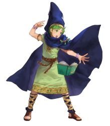 Rule 34 | 1boy, belt, book, bracelet, cape, feet, fire emblem, fire emblem: mystery of the emblem, fire emblem heroes, full body, green eyes, green hair, highres, hood, jewelry, leaf, male focus, matching hair/eyes, mayo (becky2006), merric (fire emblem), nintendo, official art, open mouth, sandals, solo, teeth, toes, transparent background, wizard, aged down