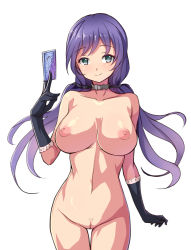 Rule 34 | 10s, 1girl, breasts, card, choker, cowboy shot, female pubic hair, gloves, green eyes, highres, large breasts, long hair, love live!, love live! school idol project, nipples, nude, pubic hair, purple hair, pussy, saiste, simple background, solo, tojo nozomi, twintails, uncensored, white background