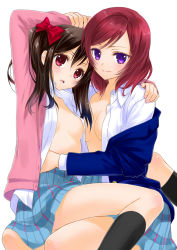Rule 34 | 10s, 2girls, arm around shoulder, arm up, black hair, blazer, blush, breasts, cardigan, cleavage, couple, dress shirt, hair ribbon, hand on another&#039;s hip, hand on another&#039;s shoulder, hand under clothes, hand under shirt, holding another&#039;s wrist, jacket, kneehighs, long hair, love live!, love live! school idol project, medium breasts, multiple girls, nishikino maki, ooshima tomo, open cardigan, open clothes, open jacket, open shirt, pink eyes, purple eyes, red hair, ribbon, school uniform, shirt, short hair, simple background, sitting, sitting on lap, sitting on person, small breasts, smile, socks, twintails, white background, yazawa nico, yuri
