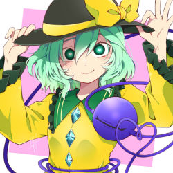 Rule 34 | 1girl, black hat, blush, bow, buttons, closed mouth, commentary request, diamond button, eyeball, flat chest, frilled shirt collar, frilled sleeves, frills, green eyes, green hair, hands on headwear, hat, hat bow, heart, heart-shaped pupils, komeiji koishi, kurutana, long sleeves, medium hair, pink background, shirt, smile, solo, symbol-shaped pupils, third eye, touhou, two-tone background, upper body, white background, yellow bow, yellow shirt