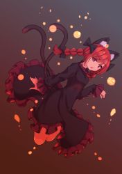 Rule 34 | 1girl, animal ear fluff, animal ears, black bow, black dress, bow, braid, breasts, cat ears, cat tail, commentary request, cropped legs, dated, dress, gradient background, hair bow, kaenbyou rin, long hair, long sleeves, looking ahead, multiple tails, nekomata, parted lips, paw pose, petticoat, red background, red eyes, red hair, simple background, small breasts, solo, tail, touhou, twin braids, twintails, two tails, umenodo