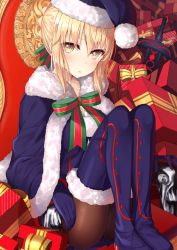 Rule 34 | 1girl, artoria pendragon (all), artoria pendragon (fate), ass, black pantyhose, black santa costume, blonde hair, blue gloves, blush, boots, box, braid, capelet, chair, fate/grand order, fate/stay night, fate (series), fur trim, gift, gift box, gloves, hakuishi aoi, hat, knees up, long sleeves, looking at viewer, pantyhose, pom pom (clothes), ribbon, saber (fate), saber alter, santa alter, santa costume, santa hat, short hair, sidelocks, sitting, solo, sword, thigh boots, thighhighs, weapon, yellow eyes