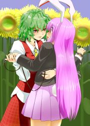Rule 34 | 2girls, animal ears, blush, collar, cuffs, embarrassed, eye contact, female focus, flower, green hair, handcuffs, highres, holding hands, hug, imminent kiss, ishikkoro, kazami yuuka, leash, long hair, looking at another, multiple girls, naughty face, nervous, open mouth, pleated skirt, purple hair, rabbit ears, rabbit tail, red eyes, reisen udongein inaba, scared, short hair, shy, skirt, smile, sunflower, sweat, sweatdrop, tail, touhou, very long hair, yuri
