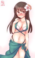 Rule 34 | 1girl, alternate costume, blush, breasts, choukai (kancolle), closed mouth, dated, flower, gradient background, hair flower, hair ornament, highres, kanon (kurogane knights), kantai collection, long hair, looking at viewer, medium breasts, red eyes, smile, solo, swimsuit