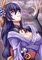 Rule 34 | 1girl, absurdres, atawatsho, blunt bangs, bow, bowtie, breasts, cleavage, cloud, cloudy sky, commentary, detached collar, english commentary, genshin impact, hair ornament, highres, japanese clothes, lightning, long hair, looking away, looking up, low ponytail, mole, mole under eye, obi, parted lips, purple eyes, purple hair, raiden shogun, rain, sash, sidelocks, sky, solo, vision (genshin impact), wet, wet clothes, wet hair, wide sleeves