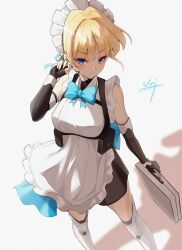 Rule 34 | 1girl, absurdres, apron, bare shoulders, black dress, black gloves, blonde hair, blue archive, blue eyes, blue ribbon, blush, boots, bow, bowtie, braid, breasts, briefcase, bun cover, chest harness, dress, earpiece, elbow gloves, fingerless gloves, french braid, gloves, hair bun, hair ribbon, halo, harness, highres, looking at viewer, maid headdress, pouch, ribbon, short dress, short hair, single hair bun, sleeveless, sleeveless dress, small breasts, solo, thigh boots, thighs, toki (blue archive), unique (pixiv12704744), white apron, white footwear