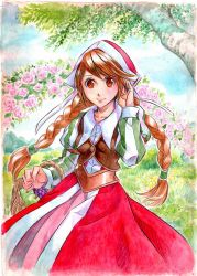 Rule 34 | 1girl, apple, arch, bonnet, braid, brown hair, coat, commentary request, cordelia (saga), cowboy shot, day, dress, floral arch, food, fruit, grapes, hand in own hair, head scarf, long hair, outdoors, saga, saga frontier 2, sio2 (nisankakeiso), smile, solo, striped, swept bangs, twin braids, very long hair
