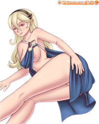 Rule 34 | 1girl, artist name, ass, blonde hair, blue cape, breasts, cape, cleavage, cleft of venus, corrin (female) (fire emblem), corrin (fire emblem), female focus, fire emblem, fire emblem fates, hair between eyes, hand on ass, highres, legs, long hair, lying, medium breasts, naked cape, nintendo, nude, on side, patreon, pussy, red eyes, reit, shiny skin, simple background, solo, thighs, uncensored, watermark, web address, white background