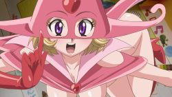 Rule 34 | 1girl, animated, blonde hair, blush, breasts, brown hair, censored nipples, cleavage, costume, dororon enma-kun, enbi-chan, gloves, hanging breasts, hat, high heels, highres, looking at viewer, no bra, out-of-frame censoring, purple eyes, short hair, solo, bouncing breasts, video