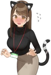 Rule 34 | 1girl, animal ears, bandaged tail, black sweater, blush, breasts, brown eyes, brown hair, cat ears, cat girl, cat tail, claw pose, commentary request, dot nose, earrings, fake animal ears, fang, flying sweatdrops, gradient eyes, grey skirt, hands up, highres, jewelry, large breasts, long hair, long sleeves, looking at viewer, multicolored eyes, nervous smile, nose blush, ol mahonanoka, open mouth, original, pencil skirt, ribbed sweater, simple background, skirt, smile, solo, striped, sweater, swept bangs, tail, turtleneck, turtleneck sweater, upper body, vertical stripes, white background