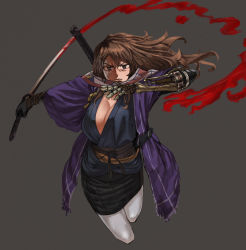 Rule 34 | 1girl, ashigara (kancolle), blood, blood splatter, bloody weapon, breasts, brown eyes, brown hair, burn scar, cleavage, commentary request, cosplay, fighting stance, graphite (medium), grey background, kantai collection, large breasts, long hair, looking at viewer, mechanical arms, ninja, ninjatou, no bra, pantyhose, prosthesis, prosthetic arm, reverse grip, sakamoto kengo, scabbard, scar, scar across eye, scar on face, sekiro, sekiro: shadows die twice, sekiro (cosplay), sheath, short sword, single mechanical arm, solo, sword, traditional media, weapon, white pantyhose