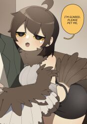 Rule 34 | 1boy, 1girl, ahoge, bare shoulders, bird tail, black eyes, blush, brown hair, brown wings, colored sclera, commentary, english commentary, english text, gomulgong, harpy, highres, hug, long hair, monster girl, neck fur, open mouth, orange sclera, original, owl girl, speech bubble, tail, winged arms, wings