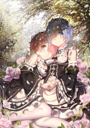 Rule 34 | 10s, 2girls, apron, arm garter, bad id, bad pixiv id, black bow, black footwear, black ribbon, blue eyes, blue hair, blush, bow, breasts, cleavage, closed mouth, dappled sunlight, detached sleeves, dress, flower, frilled apron, frilled dress, frilled sleeves, frills, frown, hair ornament, hair over one eye, hair ribbon, hairband, holding hands, highres, leaf, leaning on person, leaning to the side, looking at viewer, maid, mary janes, medium breasts, multiple girls, one eye covered, outdoors, pantyhose, petals, pink hair, plant, purple flower, purple rose, ram (re:zero), re:zero kara hajimeru isekai seikatsu, red eyes, rem (re:zero), ribbon, ribbon trim, rose, shade, shoes, short hair, siblings, sisters, sitting, smile, sunlight, tree, twins, underbust, vines, waist apron, white apron, white bow, white legwear, wide sleeves, x hair ornament, yeluno meng, yokozuwari