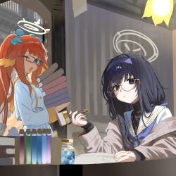Rule 34 | 2girls, absurdres, black eyes, black hair, blue archive, blue bow, book, book stack, bow, cardigan, feather hair, glasses, hair bow, hairband, halo, highres, holding, holding book, indoors, jiki (gkdlfnzo1245), korean commentary, long hair, long sleeves, looking at viewer, multiple girls, neckerchief, one eye closed, open mouth, orange hair, parted lips, round eyewear, sailor collar, school uniform, serafuku, shimiko (blue archive), skirt, ui (blue archive), white sailor collar, white skirt