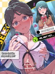 Rule 34 | bar censor, black hair, blue jacket, blush, boris (noborhys), bow, breasts, brown sweater, buttons, censored, cleavage, cum, cum on body, cum on breasts, cum on upper body, fire emblem, glasses, grey eyes, hair ornament, hairclip, hard-translated, jacket, large breasts, long hair, looking at viewer, nintendo, open clothes, oribe tsubasa, paizuri, paizuri under clothes, partially unbuttoned, penis, pink skirt, shimazaki maiko, skirt, smile, sweater, third-party edit, tokyo mirage sessions fe