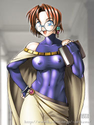 Rule 34 | 00s, 1girl, abs, bare shoulders, blue eyes, blush, book, bracelet, breasts, brown hair, cape, covered erect nipples, earrings, elbow gloves, fingerless gloves, glasses, gloves, hand on own hip, hip focus, ila (mahou senshi louie), jewelry, lipstick, mahou senshi louie, makeup, navel, no bra, qkat (arikawa-dou), red hair, rune soldier, shiny clothes, shirt, short hair, skin tight, skirt, smile, solo, taut clothes, taut shirt, turtleneck