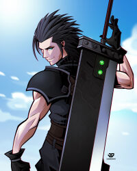 Rule 34 | 1boy, absurdres, armor, belt, black gloves, black hair, blue eyes, blue shirt, blue sky, brown belt, buster sword, closed mouth, earrings, facial scar, final fantasy, final fantasy vii, final fantasy vii rebirth, final fantasy vii remake, gloves, hair slicked back, highres, james diato, jewelry, looking at viewer, male focus, materia, medium hair, multiple belts, outdoors, scar, scar on cheek, scar on face, shirt, shoulder armor, sideburns, single earring, sky, sleeveless, sleeveless turtleneck, smile, solo, turtleneck, twitter username, upper body, weapon, weapon on back, zack fair