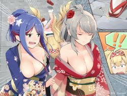 Rule 34 | !, !!, 3girls, absurdres, alternate costume, befu, blonde hair, blue hair, breasts, cleavage, closed eyes, fallen down, falling, floral print, flower, gambier bay (kancolle), grey hair, hair flower, hair ornament, hair up, hairband, highres, huge filesize, japanese clothes, kantai collection, kimono, large breasts, long hair, multicolored hair, multiple girls, new year, obi, off shoulder, official alternate costume, open mouth, outdoors, ponytail, red flower, red hair, red rose, rose, sandals, sash, south dakota (kancolle), star (symbol), tabi, tears, twintails, twitter username, washington (kancolle), white hair