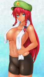 Rule 34 | 1girl, :p, absurdres, bike shorts, blue eyes, braid, breasts, dark-skinned female, dark skin, female focus, hair ribbon, hat, highres, holding, hong meiling, large breasts, long hair, red hair, ribbon, shiny clothes, shiny skin, simple background, solo, star (symbol), takaman (gaffe), tan, tongue, tongue out, topless, touhou, towel, twin braids