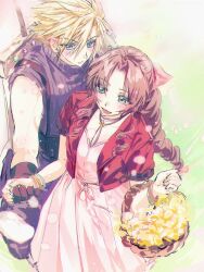 Rule 34 | 1boy, 1girl, aerith gainsborough, armor, bangle, basket, blonde hair, blue eyes, blue shirt, blush, bracelet, braid, braided ponytail, breasts, brown gloves, brown hair, buster sword, choker, cloud strife, cowboy shot, cropped jacket, dress, final fantasy, final fantasy vii, final fantasy vii remake, flower basket, flower choker, gloves, green eyes, hair between eyes, hair ribbon, highres, holding, holding basket, holding hands, jacket, jewelry, long dress, long hair, materia, medium breasts, neveromance, open mouth, outdoors, parted bangs, parted lips, pink dress, pink ribbon, red jacket, ribbon, shirt, short hair, short sleeves, shoulder armor, sidelocks, single bare shoulder, sketch, sleeveless, sleeveless turtleneck, smile, spiked hair, square enix, suspenders, turtleneck, weapon, weapon on back